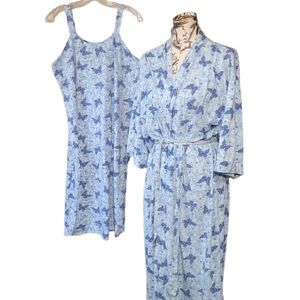Vintage 80's Blue Floral Butterfly Long Robe & Gown Women's Size M Medium Pretty